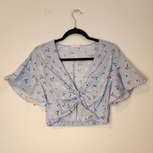 Lush Twist Front Floral‎ Light Blue Crop Top with Ruffle Sleeves, Size S